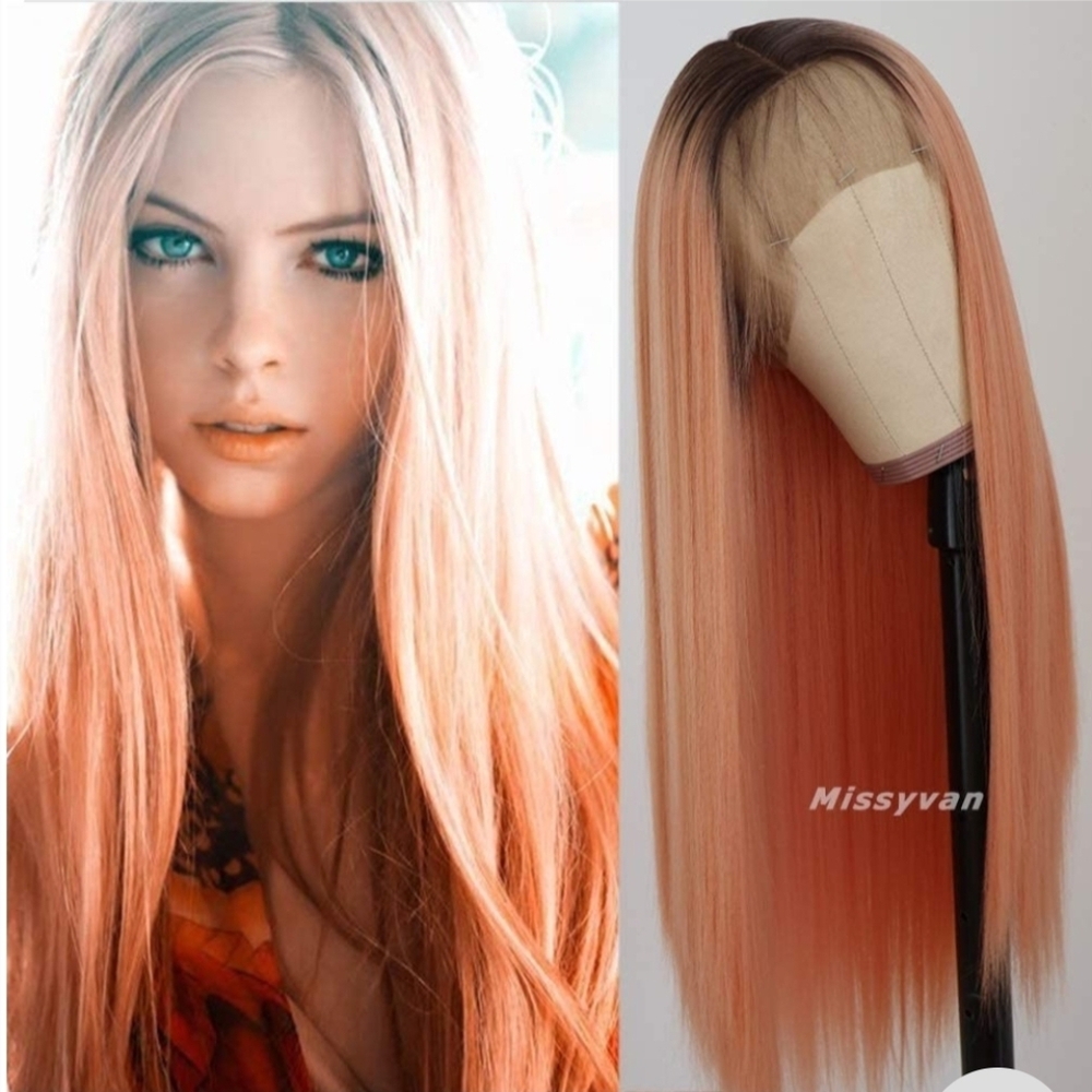 30 Inch Peach Ombre 13x3 Lace Front Human Hair Blend Wig for Women